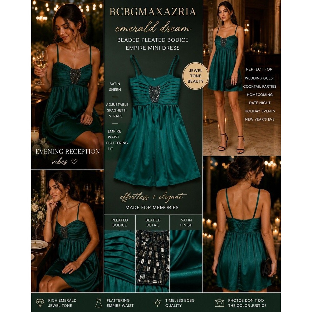 BCBGMAXAZRIA Emerald Green Beaded Satin Empire Mini Cocktail Dress 6 Queen glam